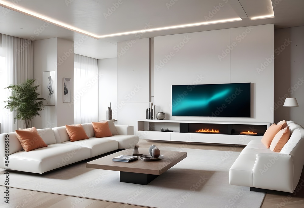 High end modern living room with white leather couch and a large flat screen tv mounted on the wall, brutalist architecture mixed with modern futuristic minimal design High end modern living room with white leather couch and a large flat screen tv mounted on the wall, brutalist architecture mixed with modern futuristic minimal design