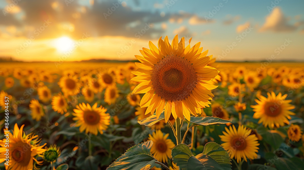 Fototapeta premium Field sunflowers full bloom bathed golden glow sunset, beauty nature warmth summer evening