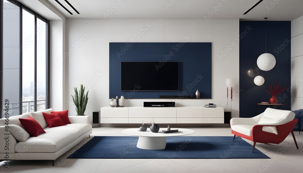 High end modern living room with white leather couch and a large flat screen tv mounted on the wall, brutalist architecture mixed with modern futuristic minimal design High end modern living room with white leather couch and a large flat screen tv mounted on the wall, brutalist architecture mixed with modern futuristic minimal design
