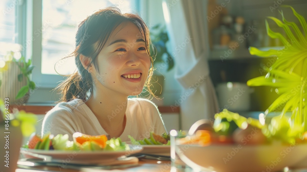 young Asian woman joyfully engaging in her diet concept, sitting at a table at home, ready to enjoy a meal of fresh vegetables and green salad. young Asian woman joyfully engaging in her diet concept, sitting at a table at home, ready to enjoy a meal of fresh vegetables and green salad.