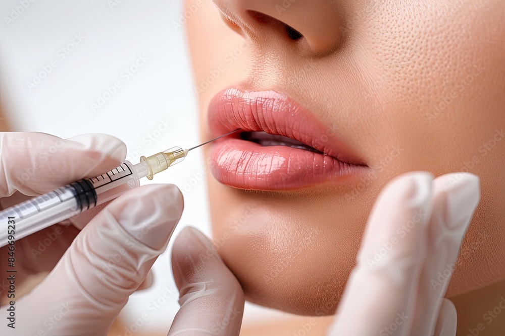 A womans lips are being injected with a syringe in a close-up image A womans lips are being injected with a syringe in a close-up image