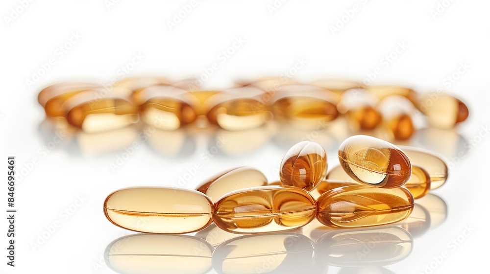 Essential oil in gel capsule fish oil dietary supplement drug next to container bottle Essential oil in gel capsule fish oil dietary supplement drug next to container bottle