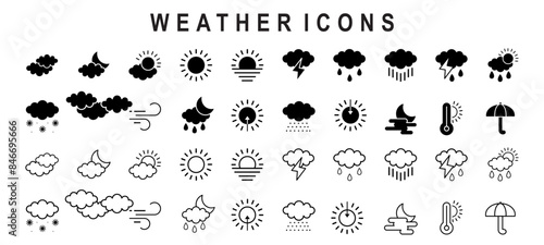 Set of weather Icons. Simple line art style icons pack. Vector illustration.