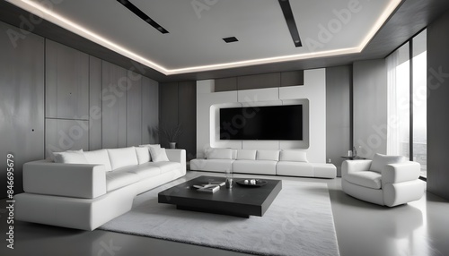 High end modern living room with white leather couch and a large flat screen tv mounted on the wall, brutalist architecture mixed with modern futuristic minimal design