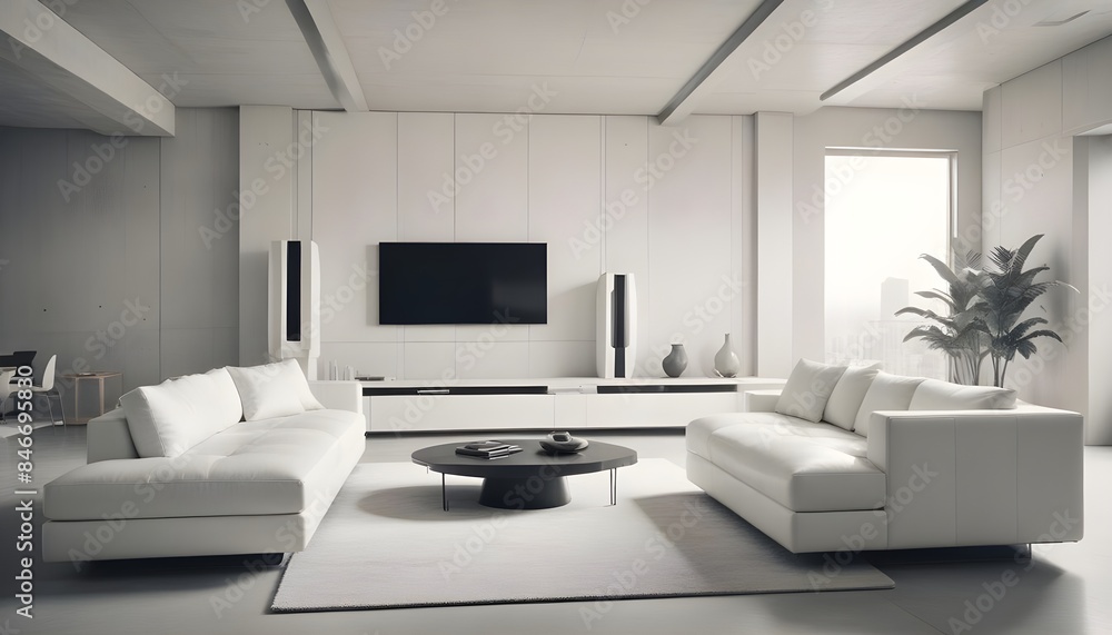 High end modern living room with white leather couch and a large flat screen tv mounted on the wall, brutalist architecture mixed with modern futuristic minimal design High end modern living room with white leather couch and a large flat screen tv mounted on the wall, brutalist architecture mixed with modern futuristic minimal design
