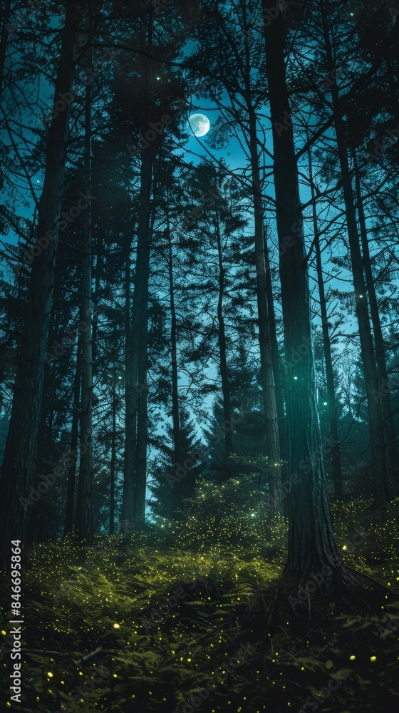 Fototapeta premium Enchanting night forest scene, capturing the silhouettes of trees and fireflies under the moonlight. Escape from the city, relieve stress, vacation, moon, mid-autumn festival, mist, mystical, holiday,