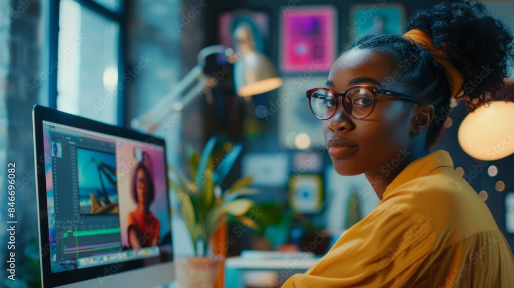 Creative African American Woman Working on Design Software. Generative AI. Creative African American Woman Working on Design Software. Generative AI.