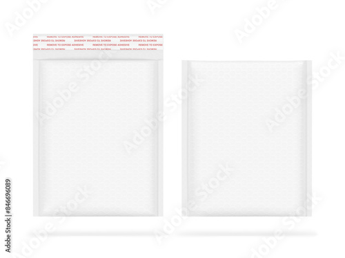 Bubble mailer padded envelope shipping bag opened and closed mockups. Vector illustration isolated on white background. Ready for your design. EPS10.
