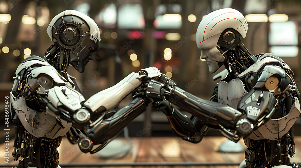 Robots arm wrestling in cinematic photo, technology duel Robots arm wrestling in cinematic photo, technology duel