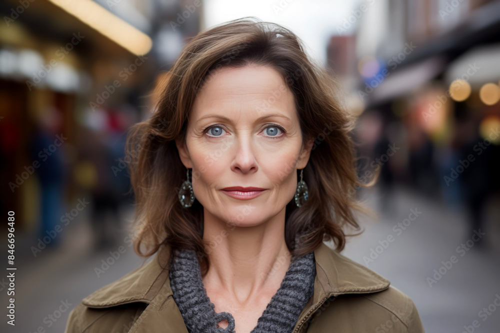 Portrait of a Smiling Middle-Aged Woman on a Busy Urban Street Highlighting Confidence and Urban Lifestyle Talking Head Vox Pop Portrait of a Smiling Middle-Aged Woman on a Busy Urban Street Highlighting Confidence and Urban Lifestyle Talking Head Vox Pop