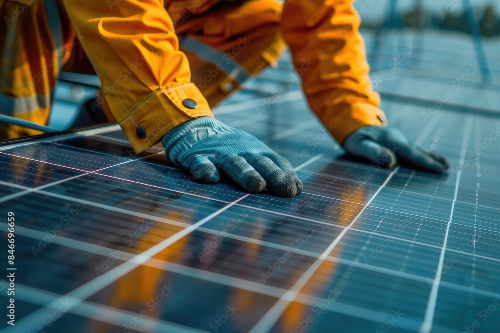 Fototapeta premium A technician in an orange suit installs a solar panel with focus on his hands and the panel