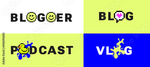 Pixel art Y2k blogger stickers and fun tagline. Retro style. Funny naive podcast logotype, design. 8bit game icons, Kids Print, Nice cover, t-shirt. Barbiecore. Futuristic pixel elements for vlog blog