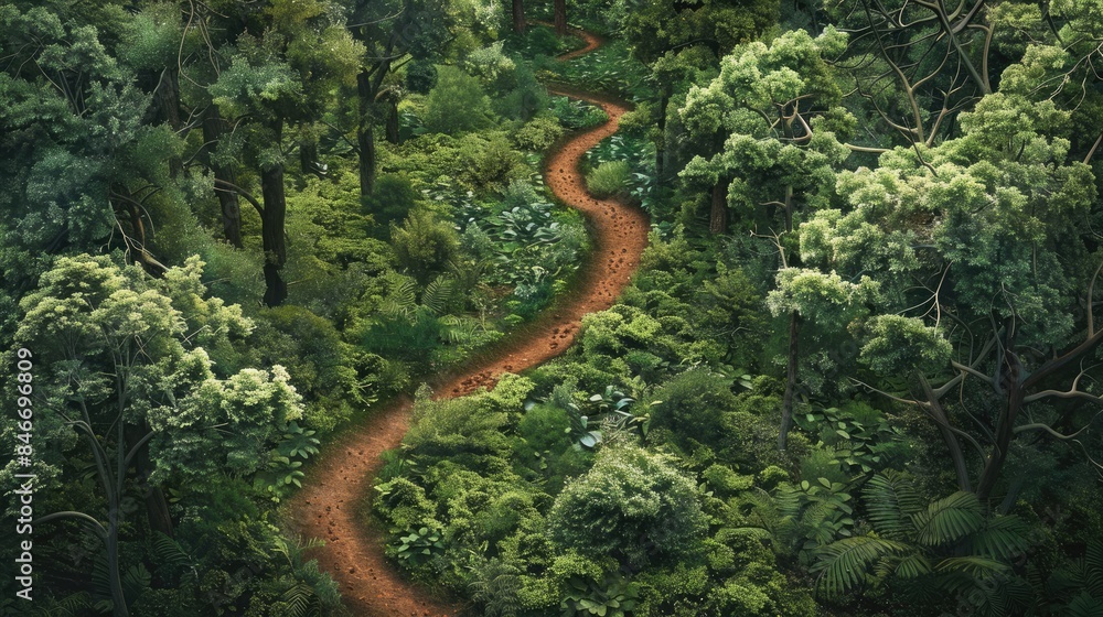 Aerial Perspective of a Twisting Hiking Trail Through Woodland Aerial Perspective of a Twisting Hiking Trail Through Woodland