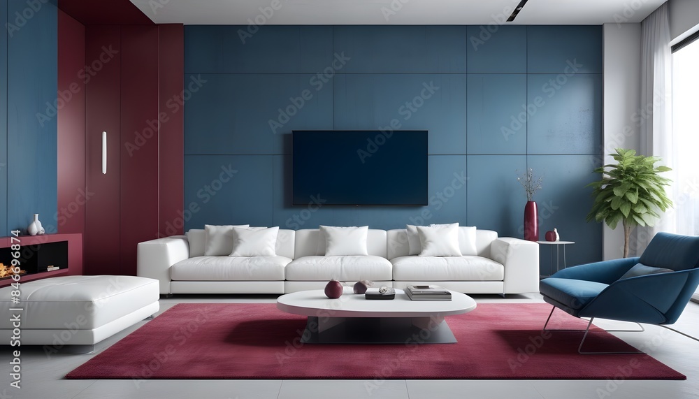 High end modern living room with white leather couch and a large flat screen tv mounted on the wall, brutalist architecture mixed with modern futuristic minimal design High end modern living room with white leather couch and a large flat screen tv mounted on the wall, brutalist architecture mixed with modern futuristic minimal design