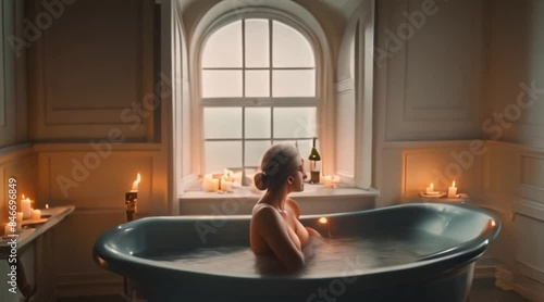 Relaxing in a deep, clawfoot bathtub with candles.
 photo