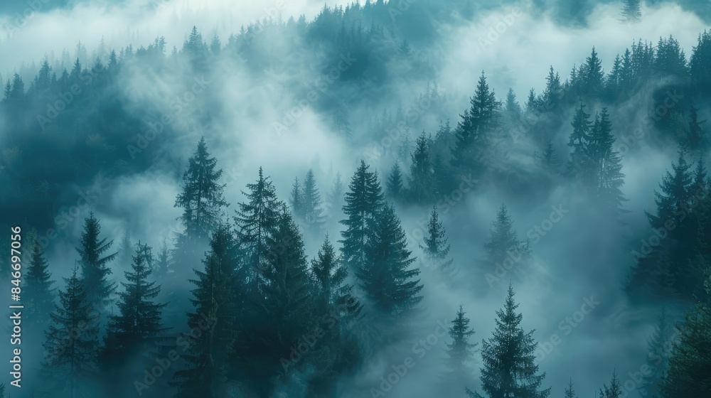 Misty landscape with spruce forest in morning in Mountains. Silhouettes of trees emerge from the fog.