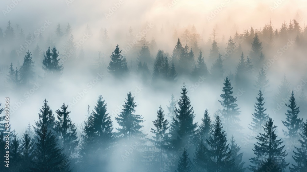 Misty landscape with spruce forest in morning in Mountains. Silhouettes of trees emerge from the fog. Misty landscape with spruce forest in morning in Mountains. Silhouettes of trees emerge from the fog.