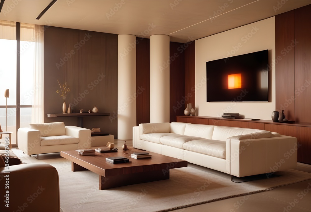 High end modern living room with white leather couch and a large flat screen tv mounted on the wall, brutalist architecture mixed with modern futuristic minimal design High end modern living room with white leather couch and a large flat screen tv mounted on the wall, brutalist architecture mixed with modern futuristic minimal design