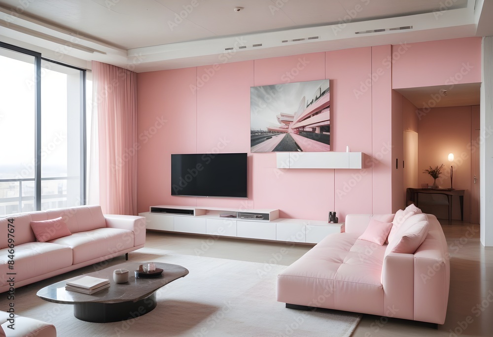 High end modern living room with white leather couch and a large flat screen tv mounted on the wall, brutalist architecture mixed with modern futuristic minimal design High end modern living room with white leather couch and a large flat screen tv mounted on the wall, brutalist architecture mixed with modern futuristic minimal design