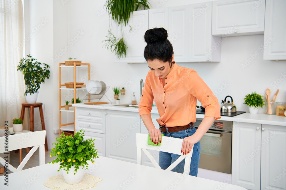 A stylish woman in casual attire stands in the kitchen, skillfully cutting a piece of paper with precision and creativity. A stylish woman in casual attire stands in the kitchen, skillfully cutting a piece of paper with precision and creativity.