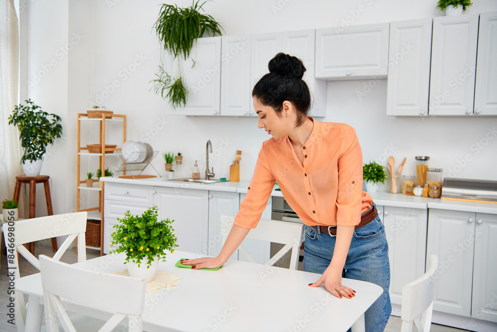 A stylish woman in casual attire meticulously wipes down a table in a home kitchen, creating a gleaming and inviting space. A stylish woman in casual attire meticulously wipes down a table in a home kitchen, creating a gleaming and inviting space.
