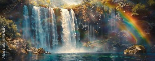 Powerful waterfall creating a rainbow as it plunges into a deep pool, 4K hyperrealistic photo