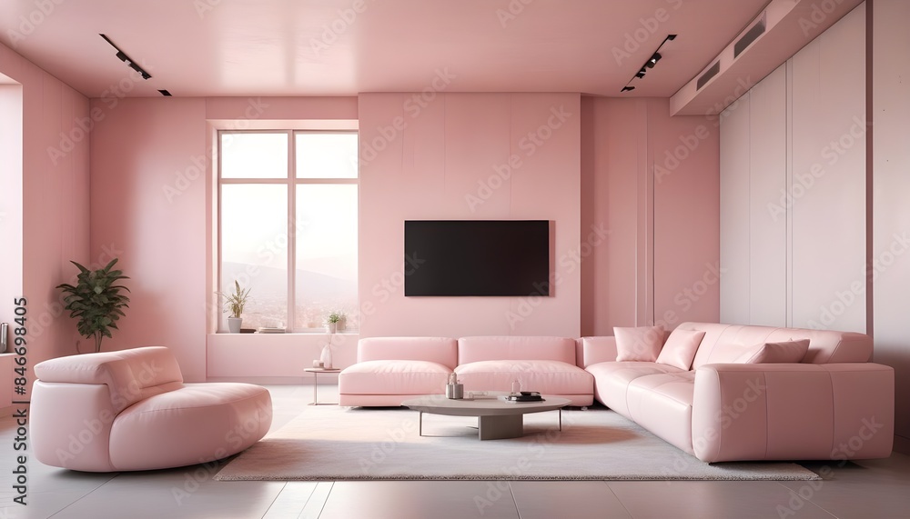 High end modern living room with white leather couch and a large flat screen tv mounted on the wall, brutalist architecture mixed with modern futuristic minimal design High end modern living room with white leather couch and a large flat screen tv mounted on the wall, brutalist architecture mixed with modern futuristic minimal design