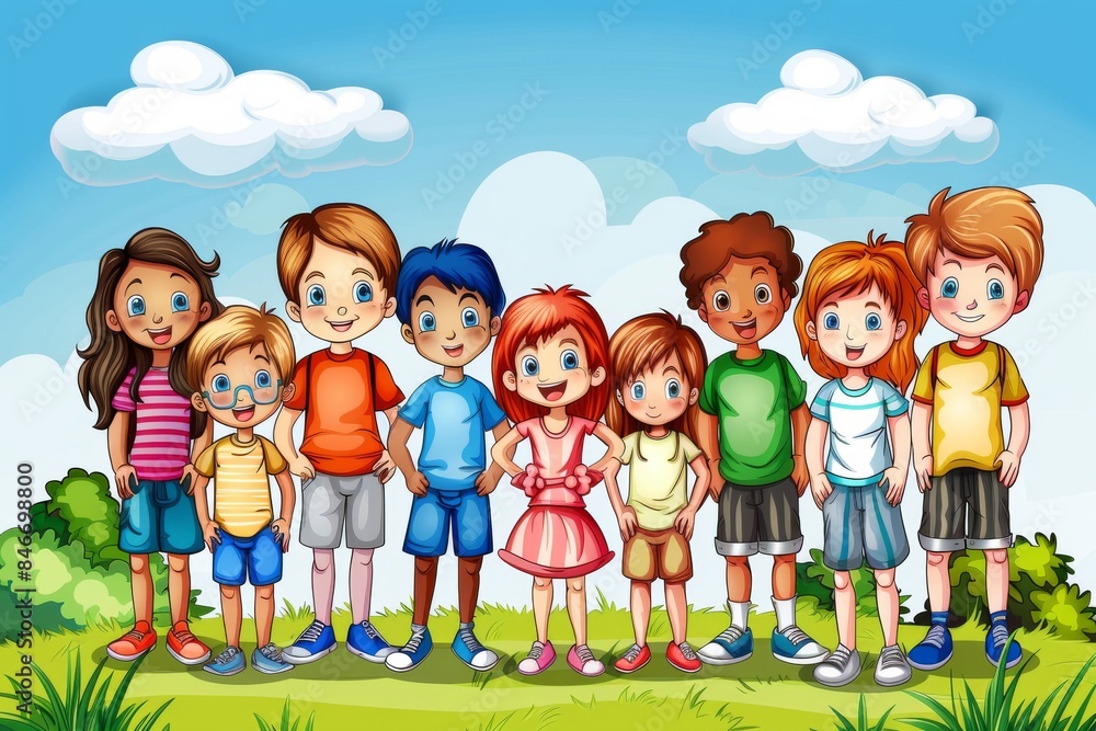 Group of kids standing in the park illustration. Cartoon style vector. Group of kids standing in the park illustration. Cartoon style vector.