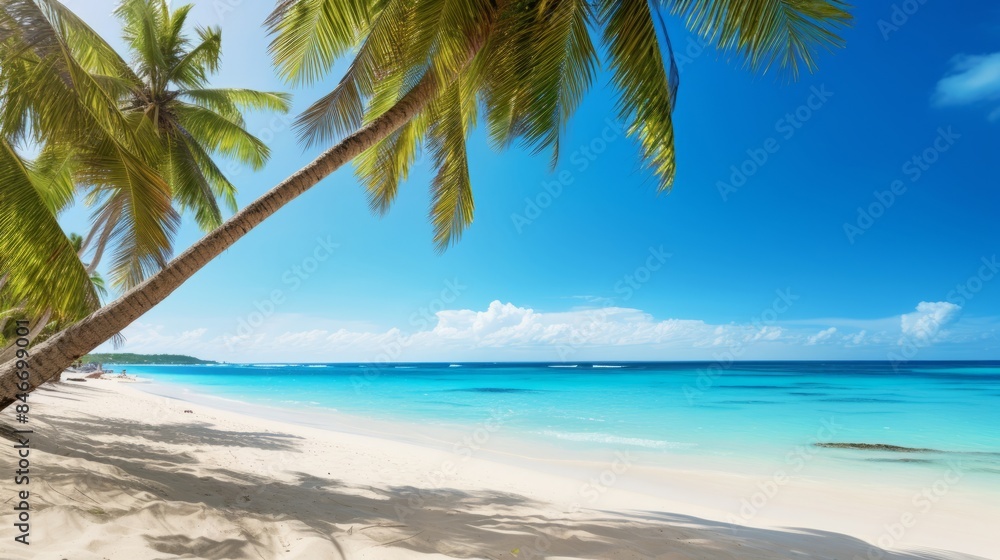 Beautiful tropical ocean with blue sky and palm trees in summer Beautiful tropical ocean with blue sky and palm trees in summer