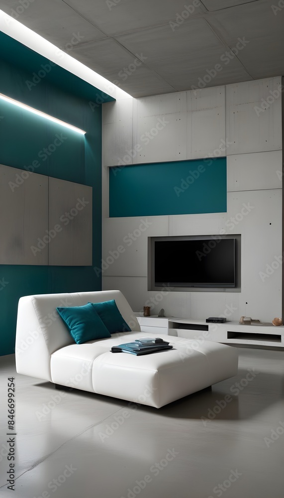 High end modern living room with white leather couch and a large flat screen tv mounted on the wall, brutalist architecture mixed with modern futuristic minimal design High end modern living room with white leather couch and a large flat screen tv mounted on the wall, brutalist architecture mixed with modern futuristic minimal design