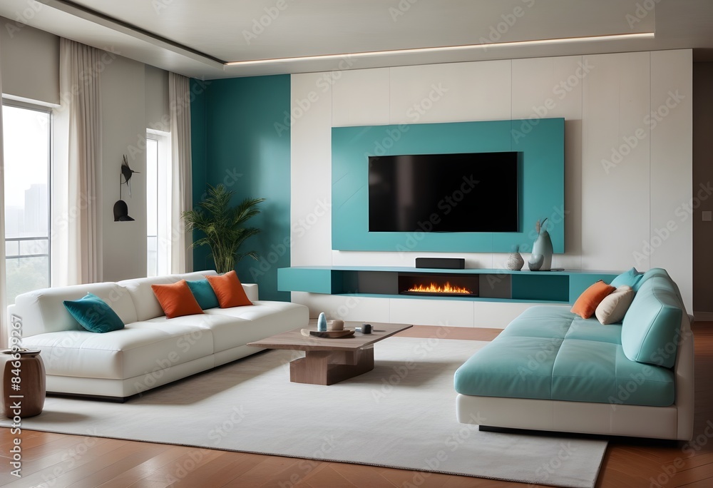 High end modern living room with white leather couch and a large flat screen tv mounted on the wall, brutalist architecture mixed with modern futuristic minimal design High end modern living room with white leather couch and a large flat screen tv mounted on the wall, brutalist architecture mixed with modern futuristic minimal design