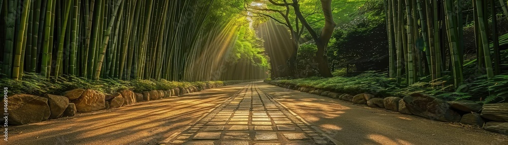 Fototapeta premium Sunlight filtering through a serene bamboo forest, creating a tranquil path illuminated by warm rays in a lush, green environment.