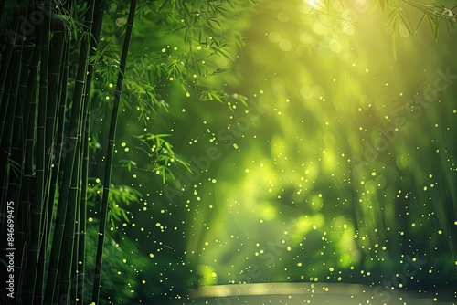 Enchanting green bamboo forest illuminated by gentle sunlight with floating particles creating a magical atmosphere.