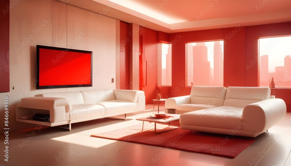 High end modern living room with white leather couch and a large flat screen tv mounted on the wall, brutalist architecture mixed with modern futuristic minimal design High end modern living room with white leather couch and a large flat screen tv mounted on the wall, brutalist architecture mixed with modern futuristic minimal design
