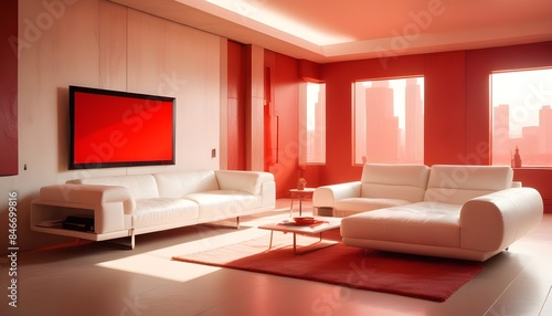 High end modern living room with white leather couch and a large flat screen tv mounted on the wall, brutalist architecture mixed with modern futuristic minimal design