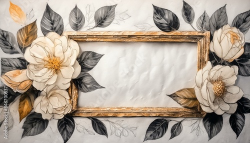 Roses entwining a golden frame. Floral background with space for text in shades of white, gray, brown and gold photo