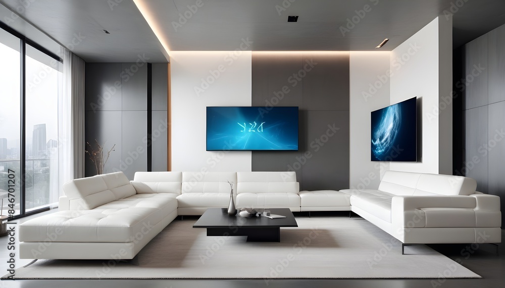High end modern living room with white leather couch and a large flat screen tv mounted on the wall, brutalist architecture mixed with modern futuristic minimal design High end modern living room with white leather couch and a large flat screen tv mounted on the wall, brutalist architecture mixed with modern futuristic minimal design