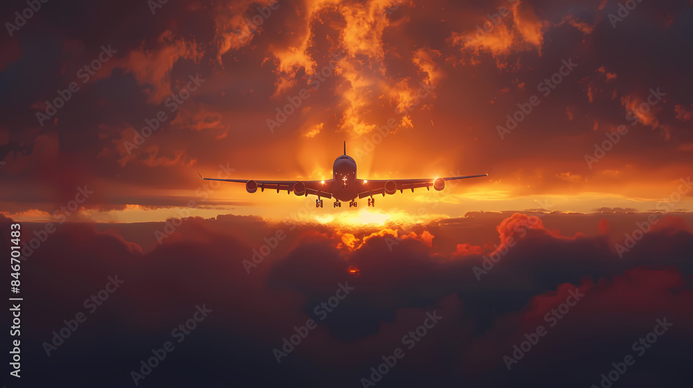 Sunset view of airplane on airport runway under dramatic sky Sunset view of airplane on airport runway under dramatic sky