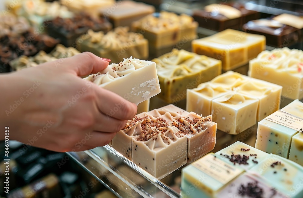 A person's hand is reaching out to pick up one of the soap bars, with other soaps arranged neatly on display A person's hand is reaching out to pick up one of the soap bars, with other soaps arranged neatly on display