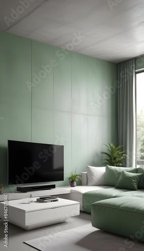 High end modern living room with white leather couch and a large flat screen tv mounted on the wall, brutalist architecture mixed with modern futuristic minimal design