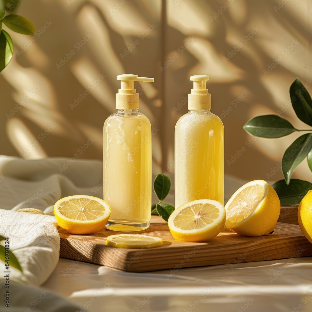 Two bottles of lemon juice are on a wooden table with a lemon slice on top Two bottles of lemon juice are on a wooden table with a lemon slice on top