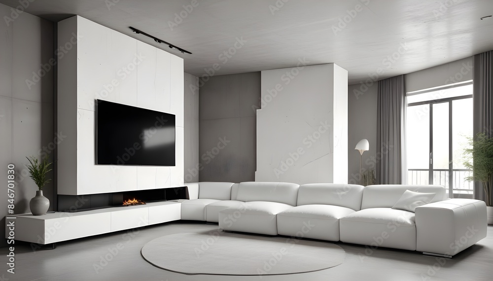 High end modern living room with white leather couch and a large flat screen tv mounted on the wall, brutalist architecture mixed with modern futuristic minimal design High end modern living room with white leather couch and a large flat screen tv mounted on the wall, brutalist architecture mixed with modern futuristic minimal design