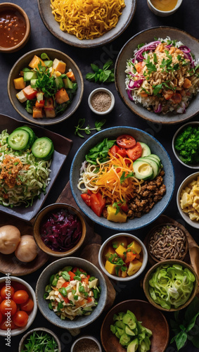 Assorted healthy dishes viewed from above.