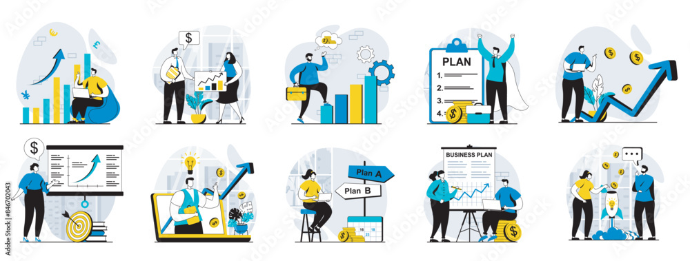 Fototapeta premium Business making web concept with people scenes mega set in flat design. Bundle of character situations with data marketing research, making plan presentation, strategy creating. Vector illustrations.