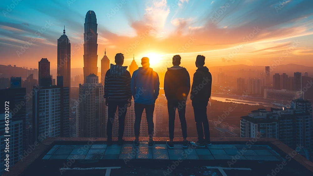 men standing together with a panoramic view of a city skyline behind them, capturing a sense of togetherness and the modern urban experience men standing together with a panoramic view of a city skyline behind them, capturing a sense of togetherness and the modern urban experience