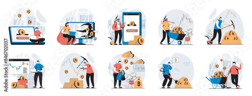 Cryptocurrency mining web concept with people scenes mega set in flat design. Bundle of character situations with make bitcoins trade operations, mining digital money at farms. Vector illustrations.