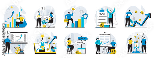 Business making web concept with people scenes mega set in flat design. Bundle of character situations with data marketing research, making plan presentation, strategy creating. Vector illustrations.