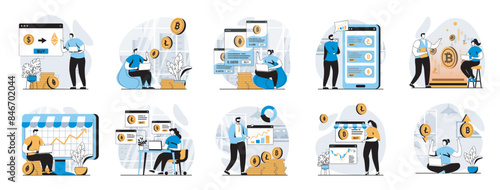 Cryptocurrency marketplace web concept with people scenes mega set in flat design. Bundle of character situations with trading on virtual crypto market and bitcoins investments. Vector illustrations.