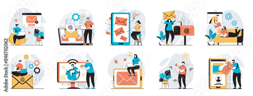 Email service web concept with people scenes mega set in flat design. Bundle of character situations with online correspondence app, chatting and sending messages, subscription. Vector illustrations.