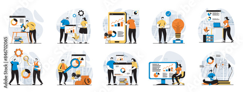 Data science web concept with people scenes mega set in flat design. Bundle of character situations with chart reports research, scientist monitoring and working with databases. Vector illustrations.